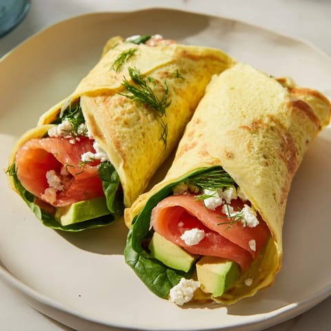 A freshly made Blender Egg Crepe Wrap, rolled to show off delicious avocado and tomato slices.