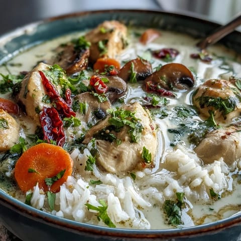 Spicy Thai Coconut Curry Soup served steaming in a bowl, featuring tender chicken, sliced carrots, cilantro, and a swirl of coconut milk.