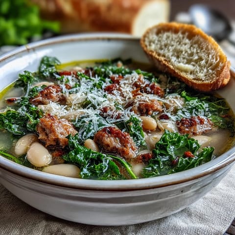 Hearty Italian White Bean Soup ladleful showing creamy beans and tender kale leaves.