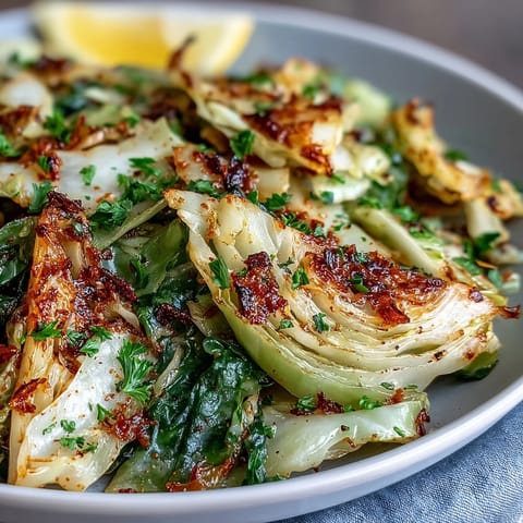 Vibrant sautéed cabbage with garlic and Mediterranean spices, topped with fresh parsley and lemon wedges.