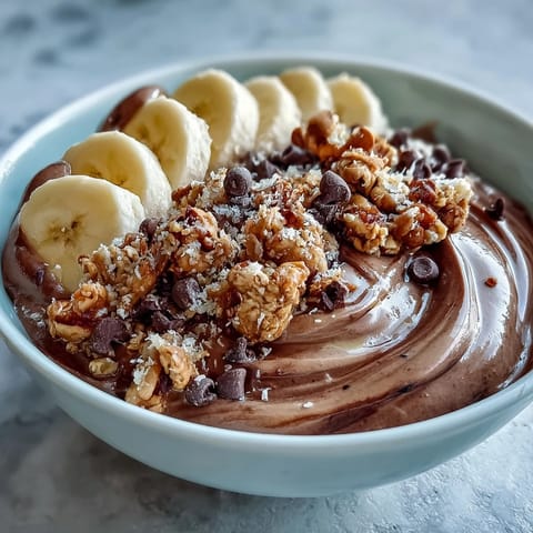 Two rich chocolate Chunky Monkey Smoothie Bowls garnished with hemp seeds, cacao nibs, and sliced banana. 