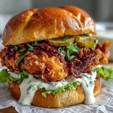 Spicy Chicken Sandwich layered high with juicy chicken and creamy homemade sauce dripping down the side.