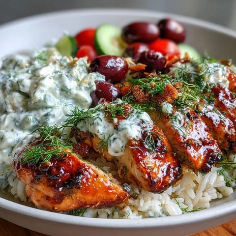 This Mediterranean-inspired Greek Chicken Bowl showcases tender grilled chicken slices nestled on fragrant rice, accompanied by fresh vegetables and a generous dollop of tangy tzatziki.