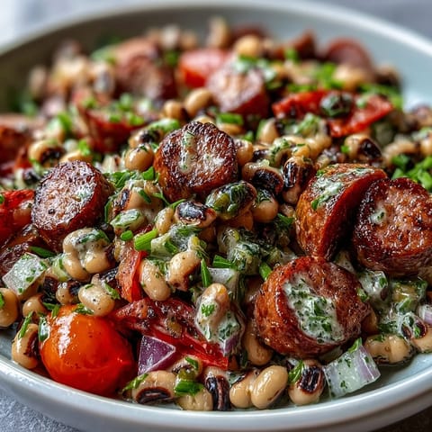 A colorful bowl of Hoppin' John Style Black-Eyed Pea Salad with Turkey Sausage, featuring crisp red peppers and tarragon.