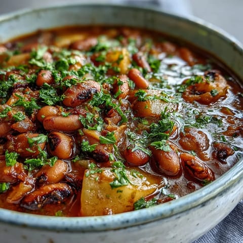 Spoon lifting tender black-eyed peas, carrots, and potatoes from a rich tomato broth in Black-Eyed Pea Stew with Chefs Touch.