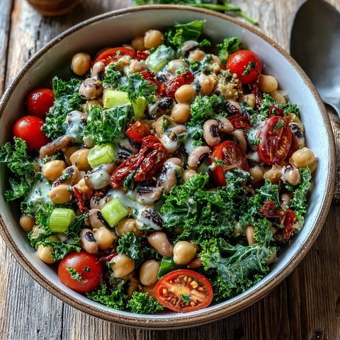 A bowl of vegan New Years Hoppin John Salad with chickpeas, black-eyed peas, rice, and cherry tomatoes, served with lemon wedges on a rustic wooden table.