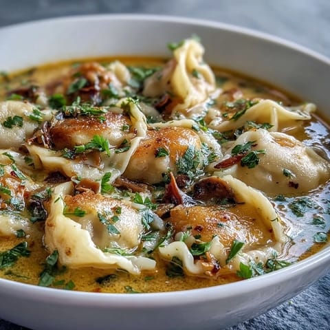 A ladle scoops tender dumplings from a creamy Quick Coconut Curry Soup with aromatic Thai spices.