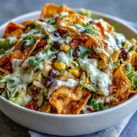 Freshly tossed Frito Cowboy Cabbage salad featuring crisp coleslaw mix, jalapeño, red bell pepper, and smoky chipotle dressing. 