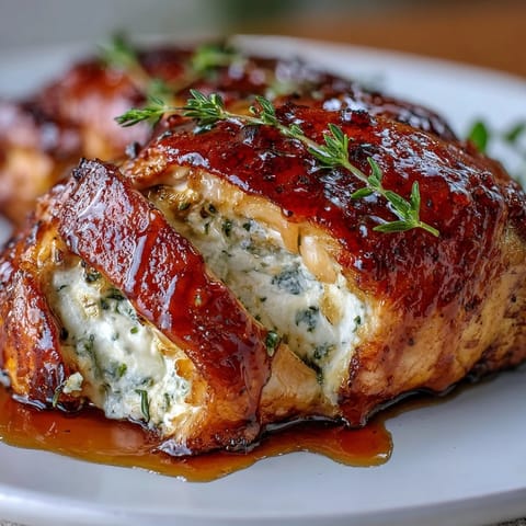 Close-up of baked Hot Honey Ricotta Stuffed Chicken revealing a creamy, melted ricotta and herb filling.