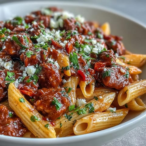 Creamy One-Pot Creamy Red Wine Sausage Pasta with penne in a rich, garlicky tomato red wine sauce, garnished with fresh basil and Parmesan.