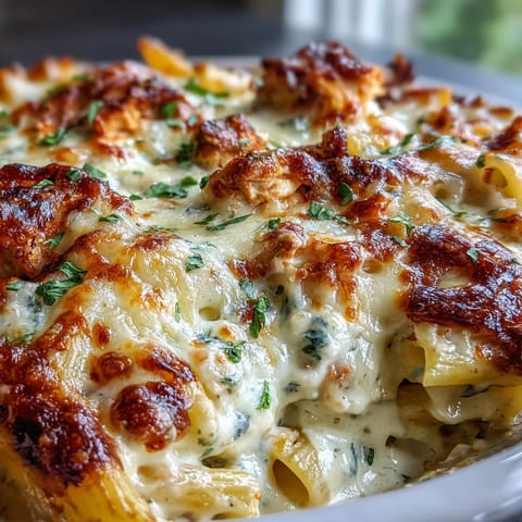 Golden-baked Creamy Buffalo Ranch Chicken Pasta Bake in a dish, topped with bubbly cheese and fresh green onions.