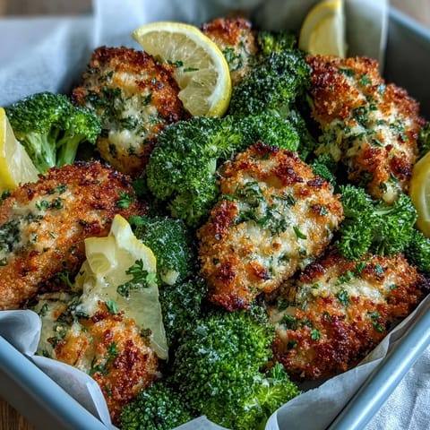 Golden-brown Crispy Parmesan Broccoli & Chicken Trays fresh from the oven, featuring juicy chicken breasts and tender roasted broccoli florets.