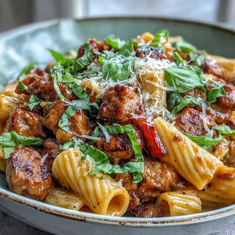 Sliced Italian sausages and penne coated in a rich red wine tomato cream sauce.