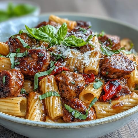 Steaming One-Pot Creamy Red Wine Sausage Pasta twirled on a fork in a rustic bowl.