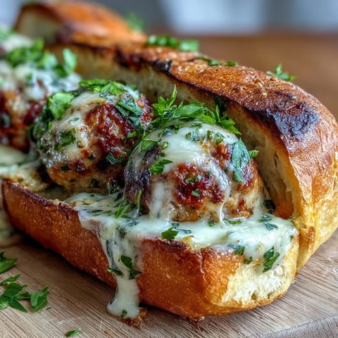 Fresh parsley garnish tops the Garlic Parmesan Turkey Meatball Subs, served hot on a rustic plate.