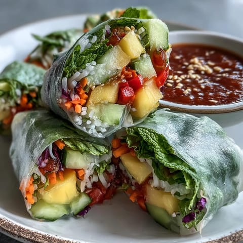 Bright, colorful Vegan Mango Avocado Spring Rolls with sweet chili dipping sauce on a plate.