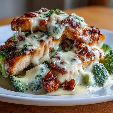 Low-carb Alfredo with juicy chicken and velvety Parmesan cream sauce spooned over bright green steamed broccoli.  
