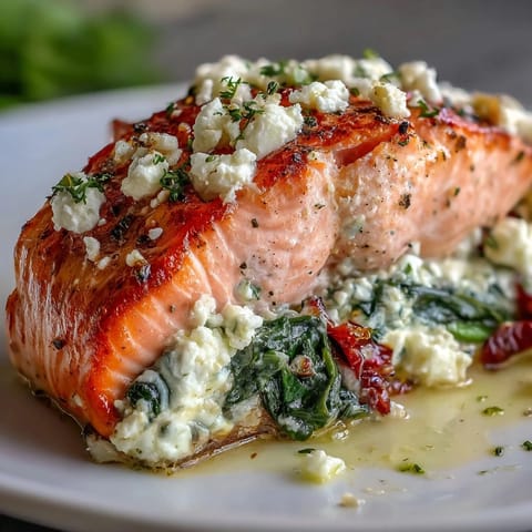 Simple Baked Stuffed Salmon with Spinach and Feta, featuring tender fillets filled with creamy spinach, feta, and roasted peppers, baked to golden perfection.