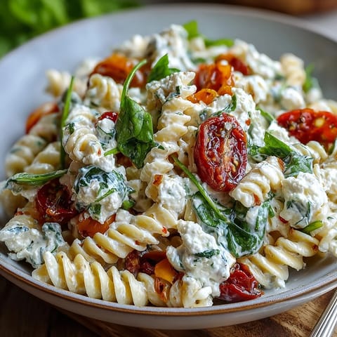 Vibrant high protein cottage cheese pasta salad featuring crunchy cucumbers, juicy tomatoes, and tender rotini in a tangy lemon dressing.  