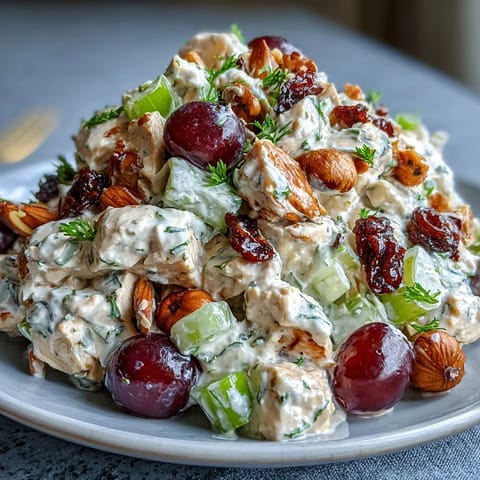 A colorful vegan chicken salad with crunchy almonds, juicy grapes, and creamy dressing served on a croissant.
