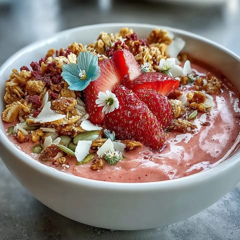 Creamy strawberry smoothie base blended with banana and Greek yogurt, garnished with granola and colorful fruit for a picture-perfect brunch dish.  