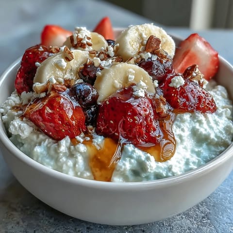 Creamy cottage cheese served with vibrant strawberries, optional blueberries, and crunchy nuts for a wholesome breakfast treat.
