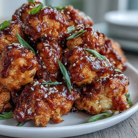 Golden battered cauliflower bites in a spicy-sweet General Tso's glaze, served as a vegetarian main or appetizer.  