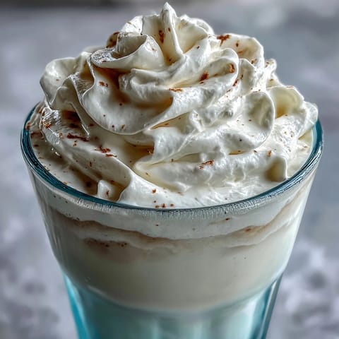 Creamy Vanilla Bean Frappuccino Protein Shake with Greek yogurt, topped with whipped cream and vanilla bean specks.