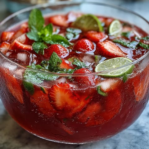 A vibrant strawberry daiquiri punch bowl filled with fresh strawberries and lime slices, perfect for spring gatherings.