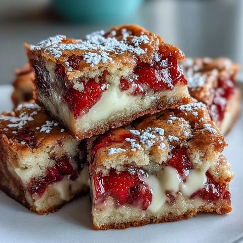 Fresh strawberry cookie bars loaded with white chocolate chunks, baked until golden and topped with juicy fruit.