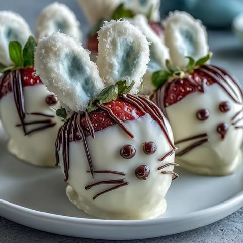 Cute strawberry bunnies dipped in white chocolate with marshmallow ears and candy eyes, perfect for Easter dessert tables.