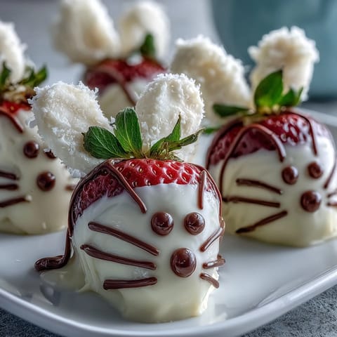 Adorable bunny-shaped strawberries coated in white chocolate with pink details, ready to brighten your Easter celebration.