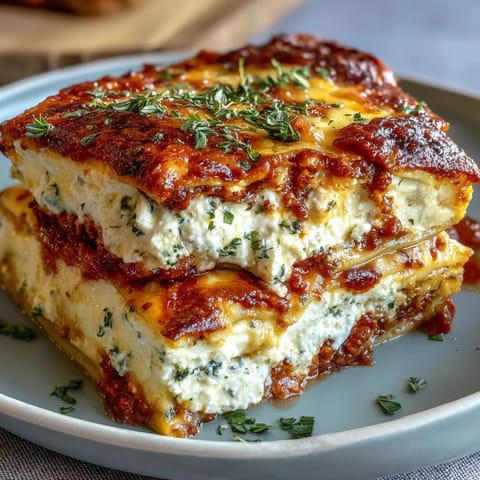 Ultimate Comfort Food Lasagna with Ricotta, layers of rich meat sauce, creamy ricotta, and melted mozzarella, baked golden and bubbling.