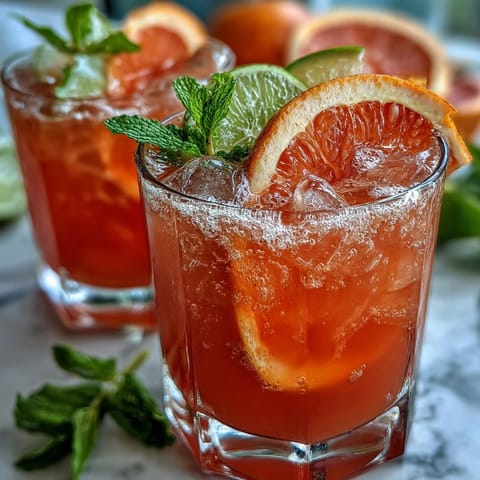 Sparkling Spring Citrus Mocktails with Grapefruit and Lime, served over crushed ice with fresh mint and citrus wheels for a vibrant, refreshing drink.