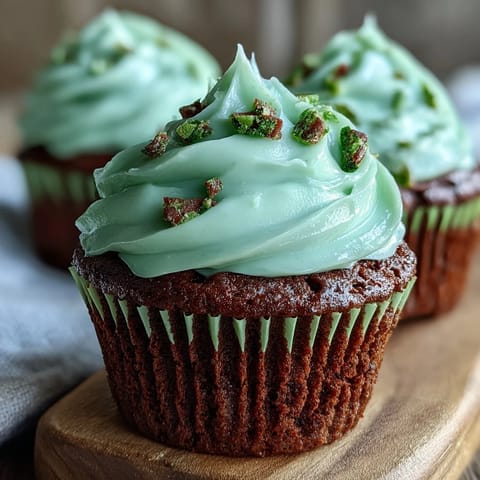 Festive green velvet cupcakes with cream cheese frosting, decorated for St. Patrick's Day celebrations and gatherings.
