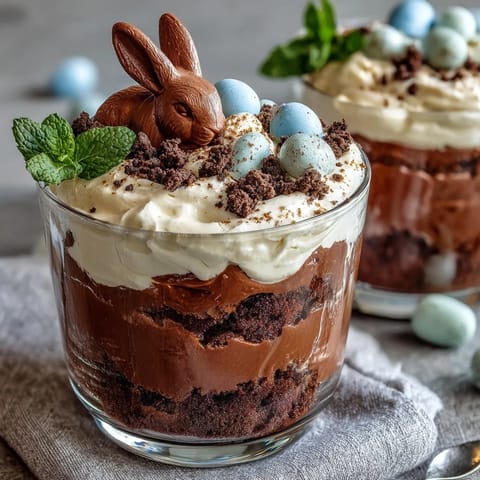 Easter Bunny Dirt Cups with Chocolate Pudding and Oreos: adorable layered dessert cups with chocolate pudding, crushed Oreos, and marshmallow bunny candies for a festive Easter treat.