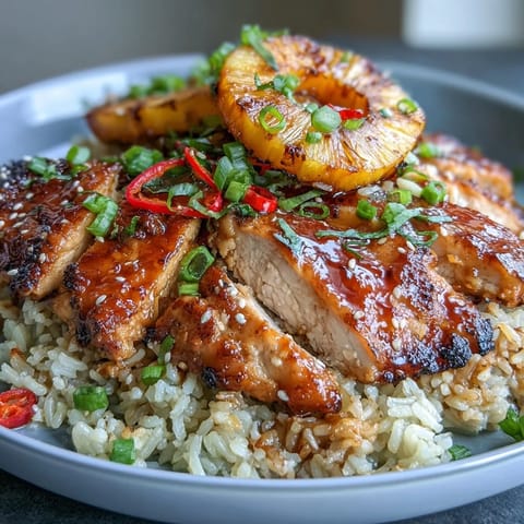 Golden pineapple chicken and rice bake with glossy teriyaki glaze, served hot from the oven in a casserole dish.