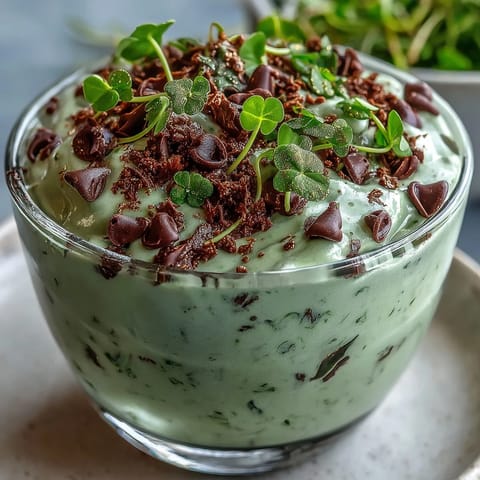 Creamy mint chocolate chip dip with shamrock sprinkles, perfect for St. Patrick's Day celebrations and festive dessert tables.