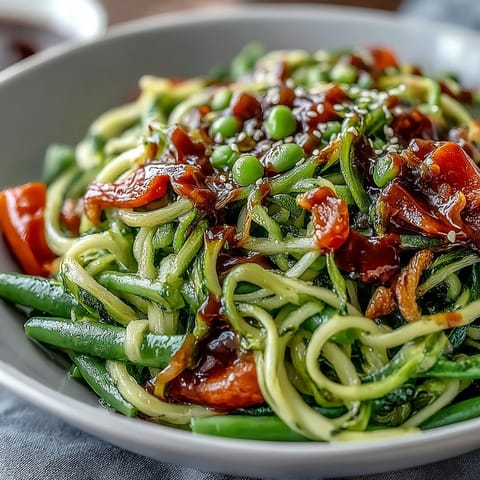 Zucchini noodles stir-fried with crisp vegetables and creamy peanut sauce, garnished with roasted peanuts for crunch.