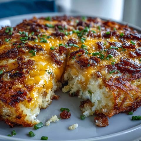 Hearty Amish breakfast casserole with hash browns, sausage, and melted cheese, baked until golden and bubbly.