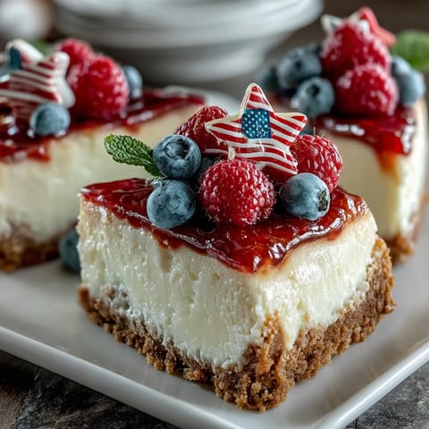 Fourth of July No-Bake Cheesecake Flag Cake with fresh berries arranged in patriotic red, white, and blue stripes on a creamy graham cracker base.