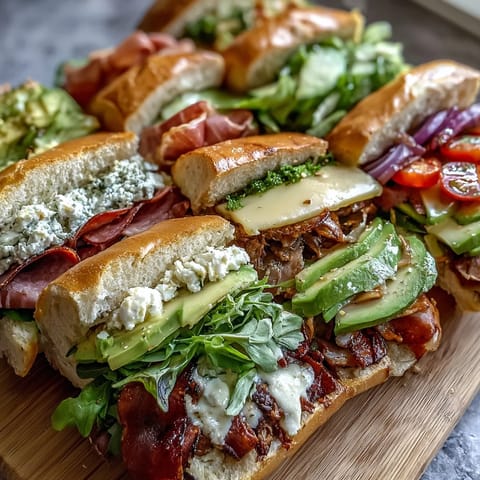 Vibrant loaded deli sandwich board with assorted meats, cheeses, and fresh vegetables for a customizable picnic meal.  