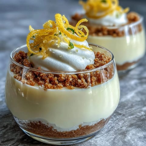 Creamy lemon mousse cups with buttery shortbread crumble, perfect for spring gatherings and light desserts.