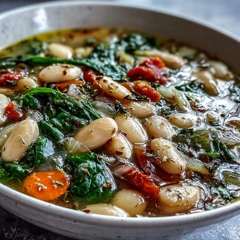 Hearty Tuscan white bean and spinach soup with tender vegetables and aromatic herbs in a slow cooker.
