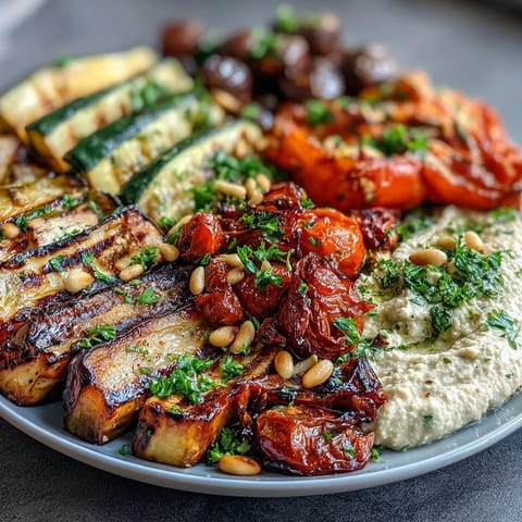 Colorful grilled vegetable platter with creamy hummus, perfect for healthy summer meals or Mediterranean-inspired gatherings.