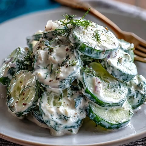 Creamy cucumber dill salad with crisp cucumbers in tangy dressing, perfect for summer picnics or barbecues.
