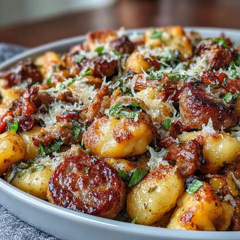 Vibrant sheet pan gnocchi with sausage and peppers, roasted until golden and bubbling with savory Italian flavors.