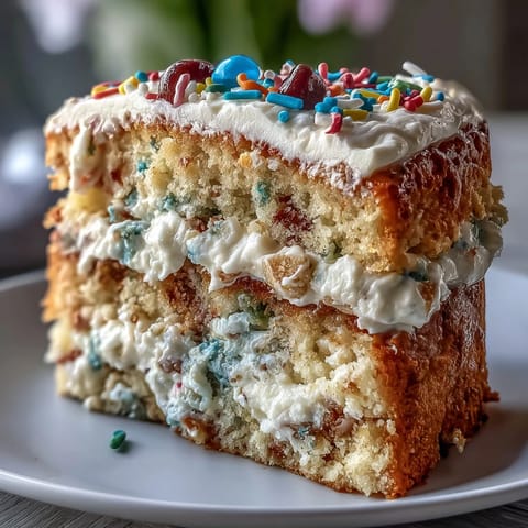 Fluffy funfetti cake filled and frosted with rich cream cheese funfetti dip, topped with cheerful spring sprinkles for celebration.