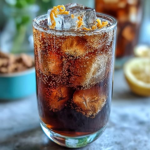 A tall glass filled with chilled cold brew coffee tonic, sparkling bubbles rising through ice cubes and garnished with bright orange zest.  