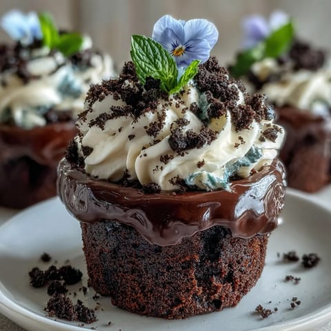 Mother's Day Flower Pot Brownies with Oreo Dirt in charming mini flower pots, topped with edible flowers and green mint leaves.
